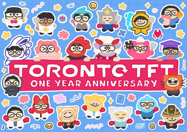 Toronto TFT's one-year anniversary art by Fanny: twenty-one community members drawn around a red banner