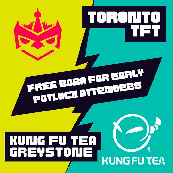 Summer Social graphic: free boba from Kung Fu Tea Greystone for early potluck attendees