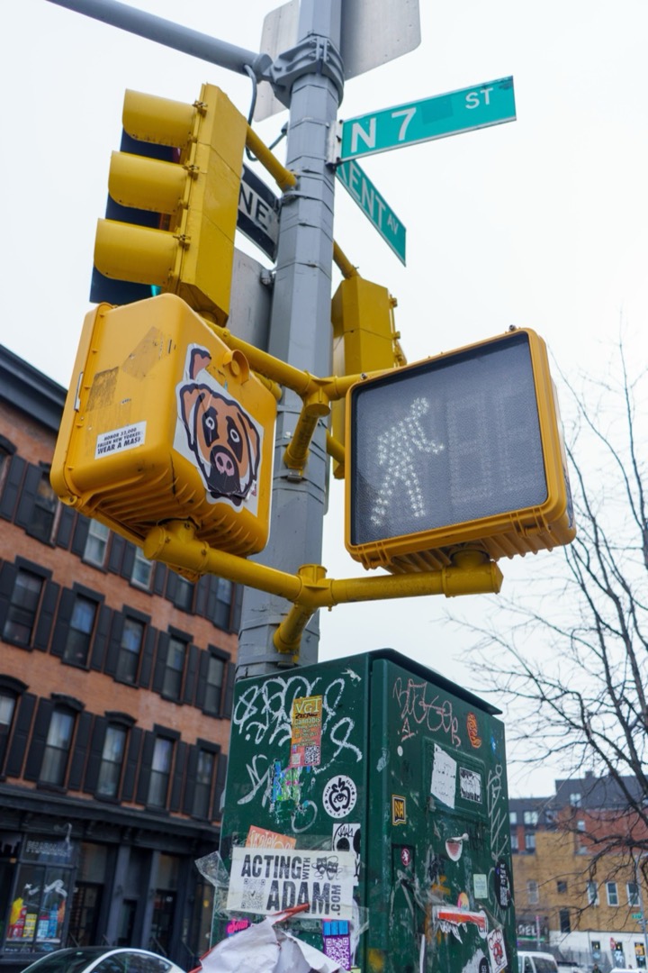 Traffic lights and street signs at a New York intersection