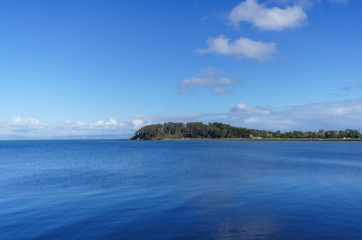 Calm blue water stretching to a small wooded island