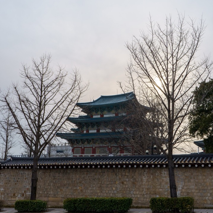 A palace pavilion behind a stone wall and bare trees