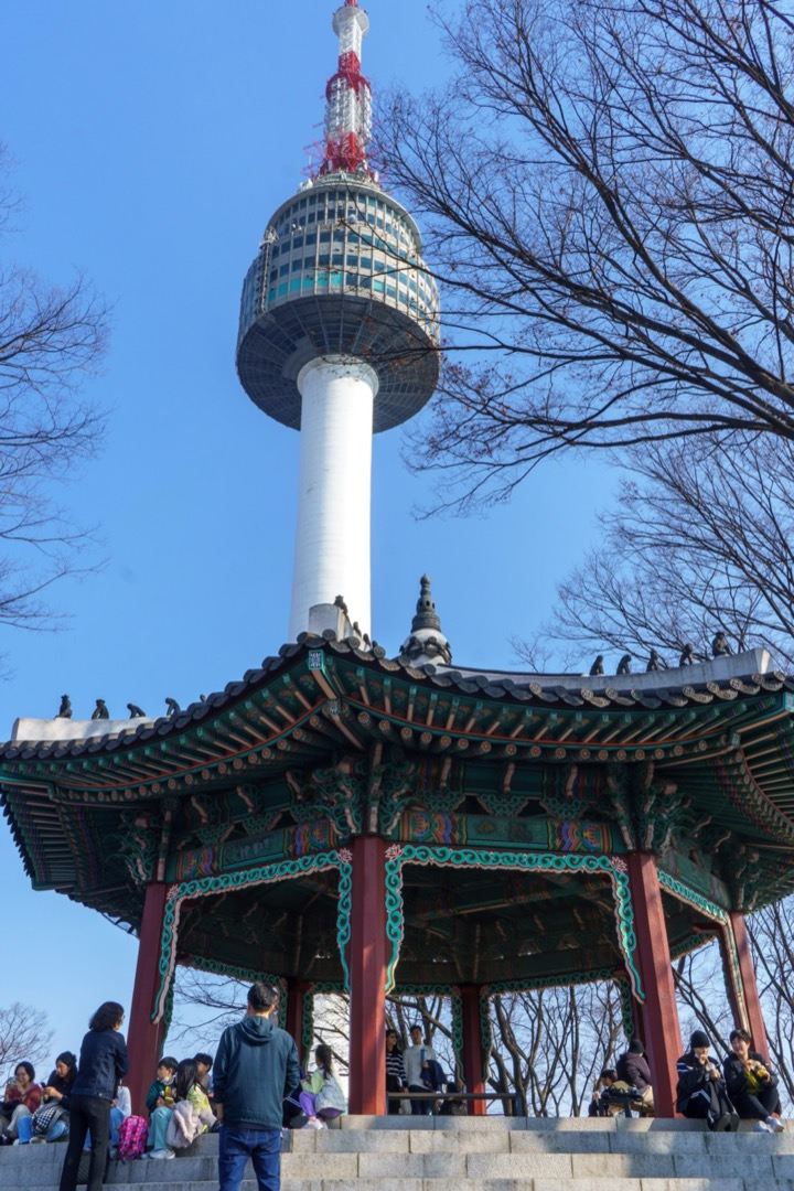 N Seoul Tower above a traditional pavilion