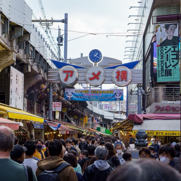 A crowded market street under the Ameyoko sign