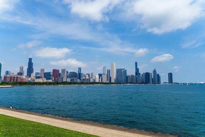 The Chicago skyline across Lake Michigan