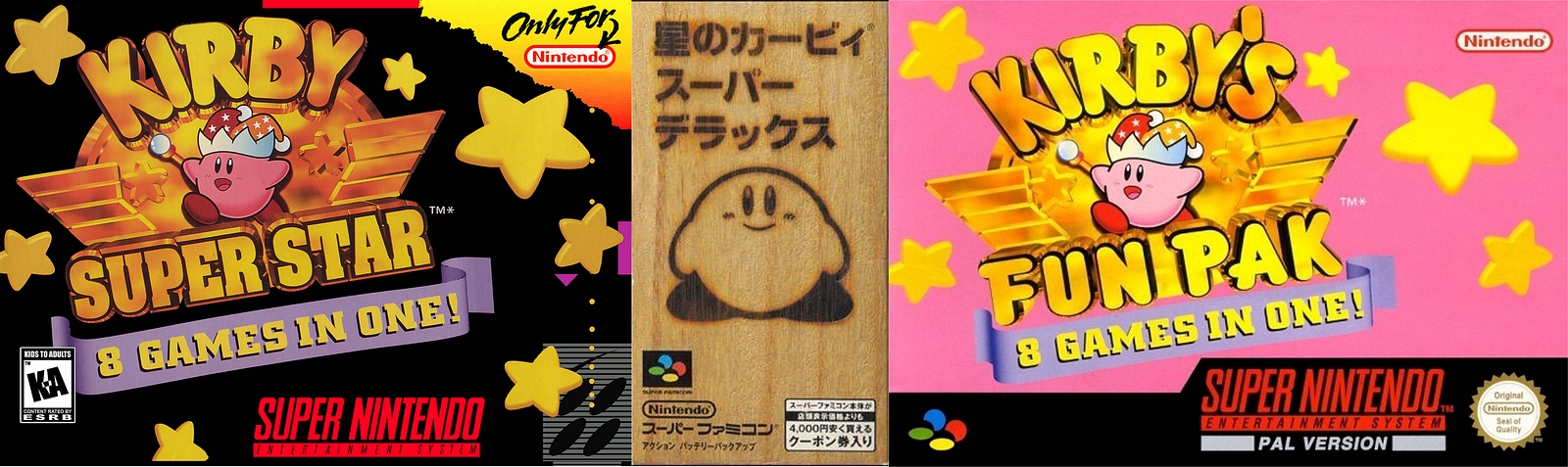 Box art for Kirby Super Star in North America, Japan and Europe, where it was called Kirby's Fun Pak