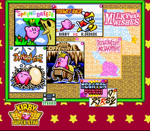Kirby Super Star's main menu, with each sub-game in its own panel