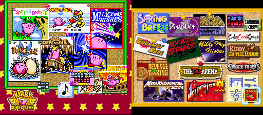 Main menus side by side: Kirby Super Star on the left, Kirby Super Star Ultra on the right