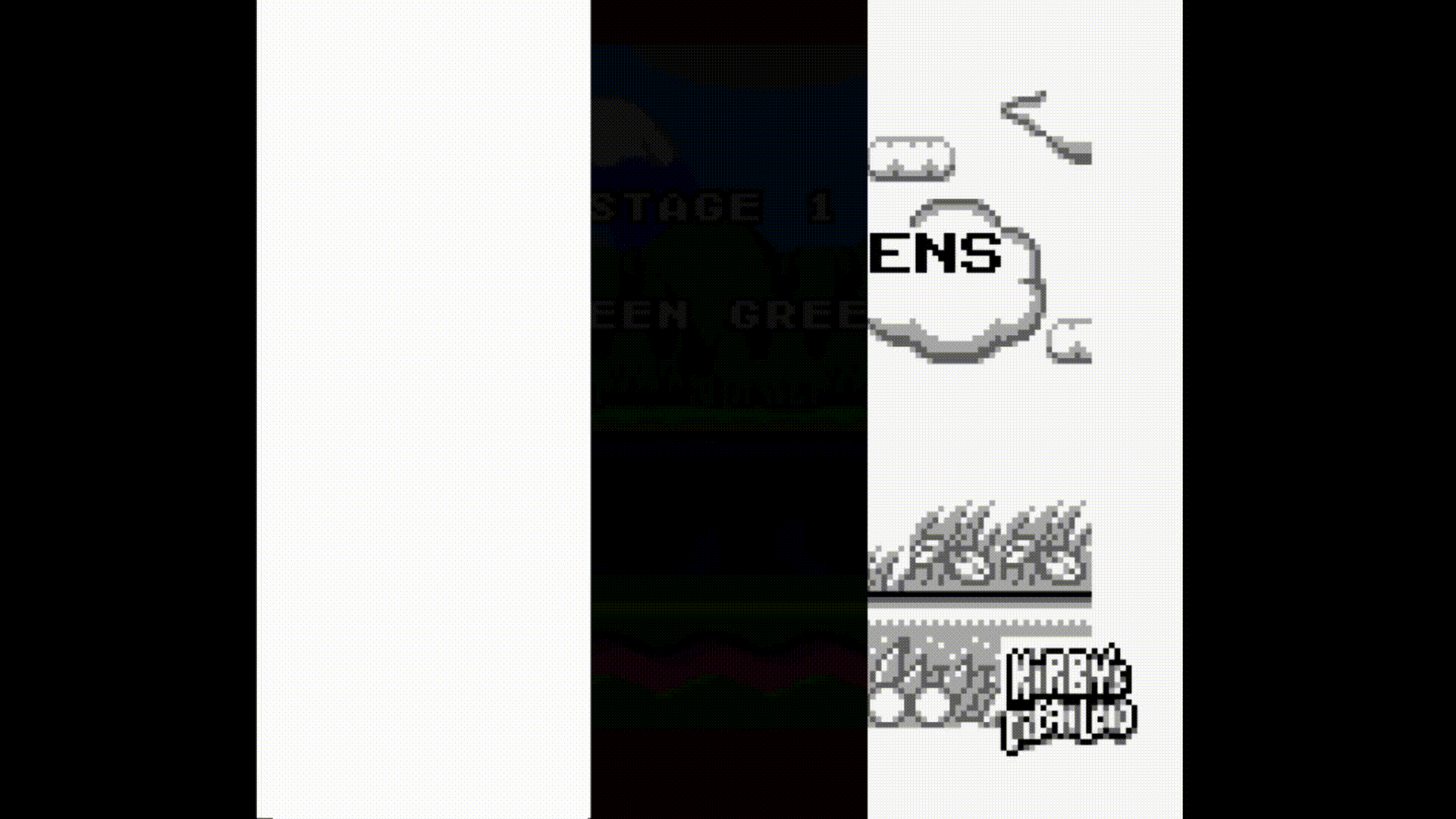 Animated side-by-side of a Kirby Super Star Ultra scene and the Game Boy original it recreates