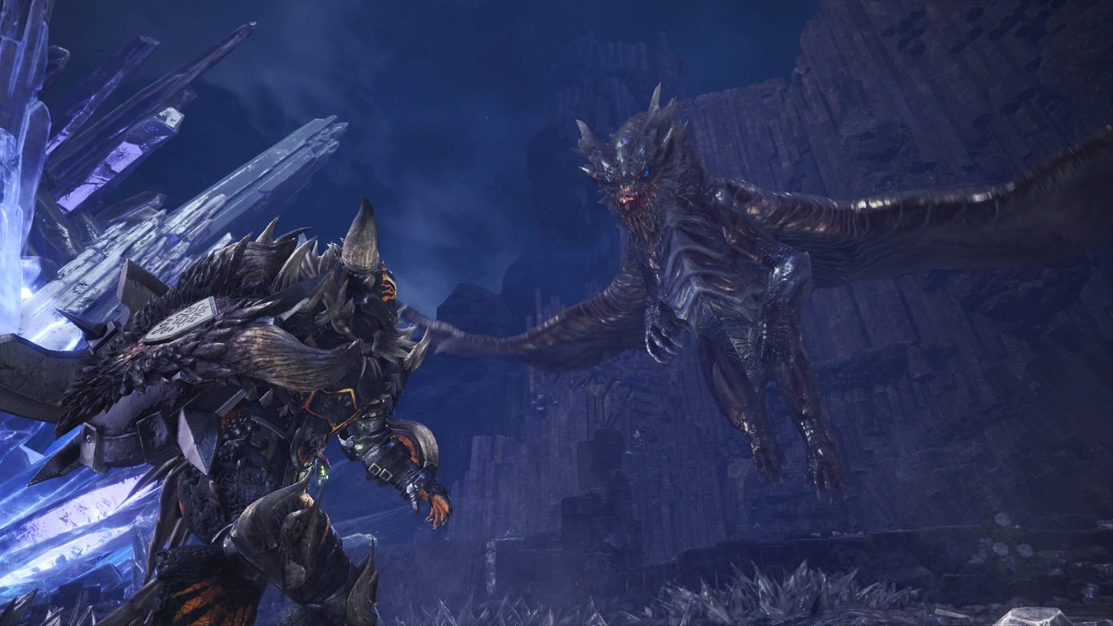 A hunter facing a spiked black dragon in a crystal-filled area