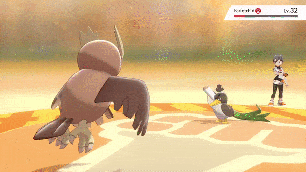 Animated battle clip where a bird Pokémon's attack plays out as a generic hop