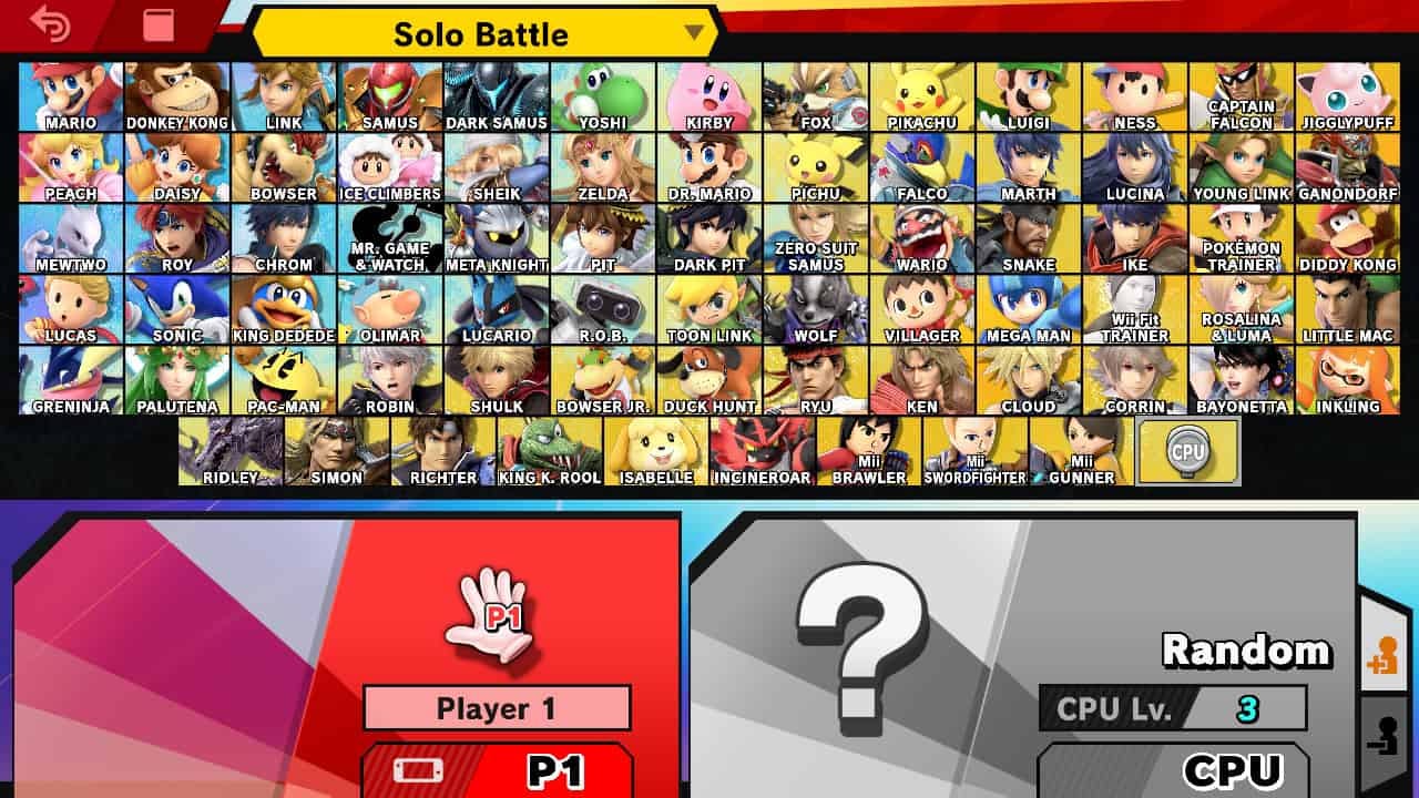 The character select screen with the full roster