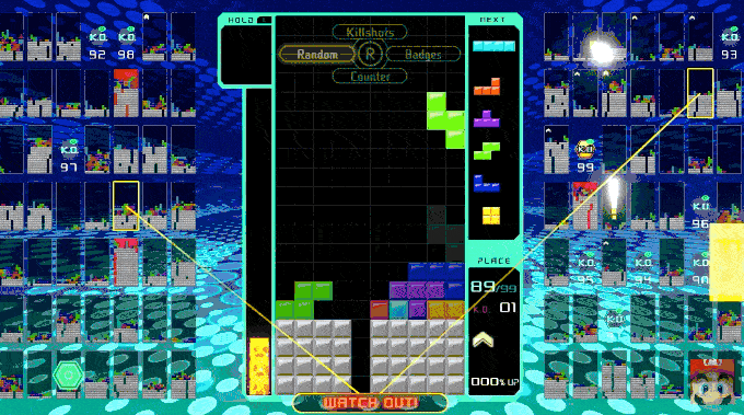 Animated Tetris 99 match, with garbage lines sent between players